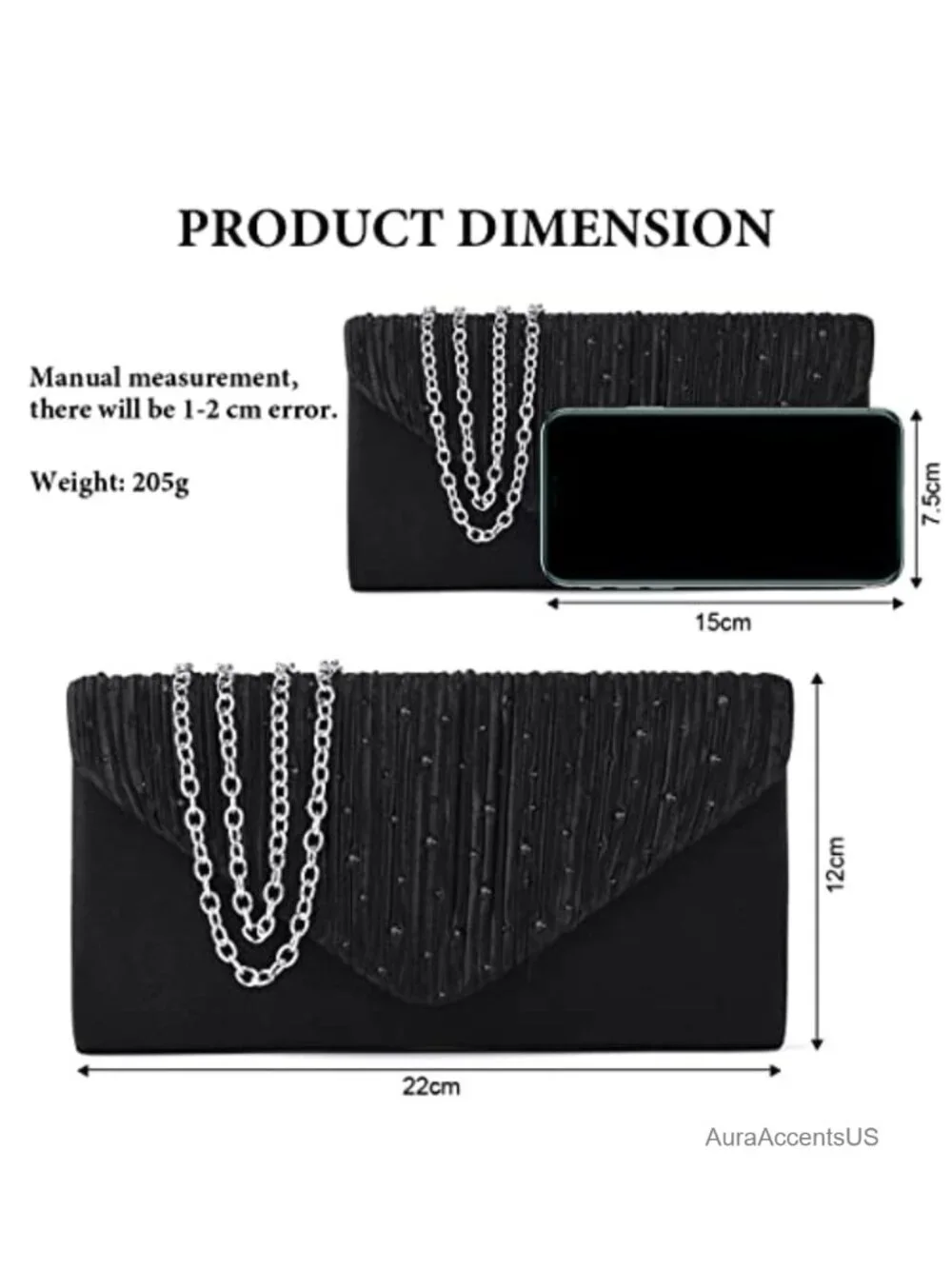 Satin Envelope Evening Clutch with Rhinestone Flap, Detachable Chain, Formal